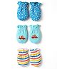 Babyhug 100% Cotton Interlock Knit Mittens With Stripes & Animal Print Pack Of 3 - Blue yellow & Light Blue