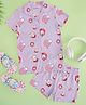 Pantaloons Junior Cotton Knit Half Sleeves Cat Printed Coordinating Night Wear Set - Lilac