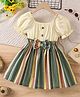 tior Half Puffed Sleeves Striped Bow Applique Dress - Green