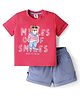 ToffyHouse Woven Half Sleeves T-Shirt & Shorts Set With Teddy Bear Print - Red & Blue