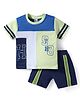 ToffyHouse Knit Half Sleeves T-Shirt & Shorts Set With Cut & Sew Design & Text Print -Blue & Light Green