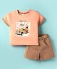 ToffyHouse Knitted Half Sleeves T-Shirt & Shorts Set with Beach Theme Print - Peach