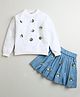 ZIP ZAP ZOOP Cotton Full Sleeves Floral Applique Detailed Sweatshirt & Coordinating Skirt Set - White & Blue
