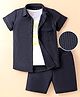 Kookie Kids Knit Textured Half Sleeves Shirt & Shorts Set With Printed T-Shirt - Navy Blue & White