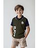 Primo Gino Cotton  Knit Half Sleeves Colour Block Polo T-Shirt with Player Text Print -Dark Green & Navy Blue