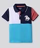 Primo Gino Cotton Knit Half Sleeves Colour Block Cut & Sew Polo T-Shirt with Polo Player Print - White & Blue