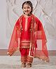 Vastramay Silk Blend Three Fourth Sleeves Lace Embellished Kurta Pant With Dupatta Set - Red