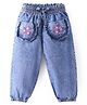 Babyhug Denim Full Length Washed  Joggers With Floral Embroidery - Light Blue