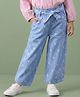 Babyhug Ankle Length Denim Culotte Pant With Heart Print & Bow Applique - Light Blue