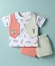 ToffyHouse Knitted Half Sleeves T-Shirt with Attached Waistcoat & Shorts Set with Bear Print - Mint & Coral