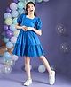 Cherry & Jerry Cotton Half Puffed Sleeves Schiffli Embroidered Dress - Blue
