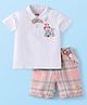 Babyhug Single Jersey Knit Half Sleeves Bear Printed Polo T-Shirt & Checkered Shorts Set with Suspender & Bow Applique - White & Pink