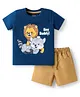 Babyhug Half Sleeves T-Shirt & Woven Shorts Set with Animal & Text Print - Beige & Navy Blue