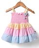 Dew Drops Cotton Woven Sleeveless Checks Frock With Smocked Yoke & Floral Applique - Blue (Trim May Vary)