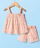 Dew Drops Singlet Sleeves Checkered Top & Shorts Set with Bow Patch - Peach