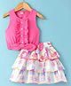 Dew Drops Cotton Woven Sleeveless Top & Skirt Set with Floral Print & Frill Detailing - Dark Pink