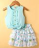 Dew Drops Cotton Woven Sleeveless Top & Skirt Set with Floral Print & Frill Detailing - Aqua Blue