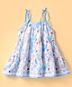 Dew Drops Cotton Woven Sleeveless Dress With Floral Print & Bow Applique - Light Blue