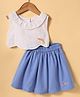 Dew Drops Cotton Woven Sleeveless Solid Top & Skirt Set With Applique - White & Blue