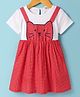 Dew Drops Cotton Woven Half Sleeves Polka Dots Printed Frock with Kitty Embroidery - Red