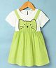 Dew Drops Cotton Woven Half Sleeves Polka Dots Printed Frock with Kitty Embroidery - Light Green