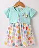 Dew Drops Poplin Woven Half Sleeves Frock with Fruits Print & Bow Applique - Aqua Blue