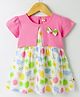 Dew Drops Poplin Woven Half Sleeves Frock with Fruits Print & Bow Applique - Pink