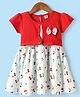 Dew Drops Poplin Woven Half Sleeves Cherry Printed Frock with Attached Shrug & Bow Applique - Red & White