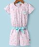 Dew Drops Poplin Woven Half Sleeves Striped Jumpsuit with Hearts Print Patch & Fabric Belt - Pink