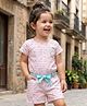 Dew Drops Poplin Woven Half Sleeves Striped Jumpsuit with Hearts Print Patch & Fabric Belt - Pink