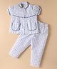Dew Drops Poplin Woven Puffed Sleeves Co-Ord Night Suit With Floral Print - White & Light Blue