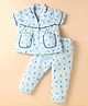 Dew Drops Poplin Woven Half Sleeves Co-Ord Night Suit with Floral Print - White & Light Blue