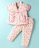 Dew Drops Poplin Woven Half Sleeves Co-Ord Night Suit with Floral Print - White & Pink