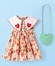 Mark & Mia Sleeveless Peter Pan Collar Frock with Floral Print Heart Patch Embroidery & Sling Bag - Red