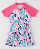 Babyhug Half Raglan Sleeves Frock Swimsuit With Leaf Print - Fuchsia
