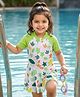 Babyhug Half Raglan Sleeves Frock Swimsuit With Floral & Leaf Print - Green & White