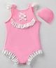 Babyhug Sleeveless  V Cut Swimsuit with Frill Detailing & Cap - Pink