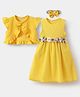Mark & Mia Sleeveless Cotton Solid Dress & Cap Sleeves Shrug With Floral Corsage & Headband - Yellow