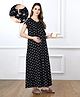 Bella Mama Cotton Knit Half Sleeves Concealed Zipper Floral Print Nighty - Black