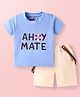 Babyhug Single Jersey Knit Half Sleeves T-Shirt & Shorts Set with Suspender & Text Embroidery - Blue & Beige
