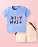 Babyhug Single Jersey Knit Half Sleeves T-Shirt & Shorts Set with Suspender & Text Embroidery - Blue & Beige