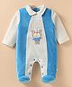 Wonderchild Full Sleeves Cut & Sew Detailed & Teddy Bear Embroidered Footed Sleepsuit - Dull White & Blue