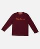 Pepe Jeans Cotton Blend Knit Full Sleeves T-Shirt with Brand Name Printed  - Burgandy
