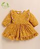 Cot & Candy Organic Cotton Full Sleeves Ruffles Detailed Floral Printed Dress - Mustard