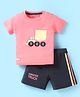 Little Darlings Sinker Knit Half Sleeves T-Shirt & Shorts Set with Monster Truck Embroidery & Tape Detailing - Pink & Navy Blue