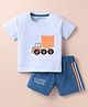 Little Darlings Sinker Knit Half Sleeves T-Shirt & Shorts Set with Monster Truck Embroidery & Tape Detailing - Light & Navy Blue