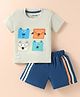 Little Darlings Sinker Knit Half Sleeves T-Shirt & Shorts Set With Animal Print & Patch - Light Green & Navy Blue