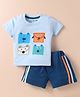 Little Darlings Sinker Knit Half Sleeves T-Shirt & Shorts Set With Animal Print & Patch - Light & Navy Blue
