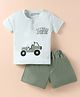 Little Darlings Sinker Knit Half Sleeves Henley Neck T-Shirt & Shorts Set With Jeep Patch - Light & Olive Green