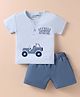 Little Darlings Sinker Knit Half Sleeves Henley Neck T-Shirt & Shorts Set With Jeep Patch - Light & Navy Blue